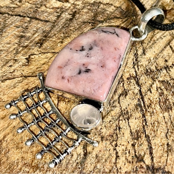 Pink Peruvian Opal & Clear Rose Quartz Pendant 2 7/8” - Picture 7 of 13